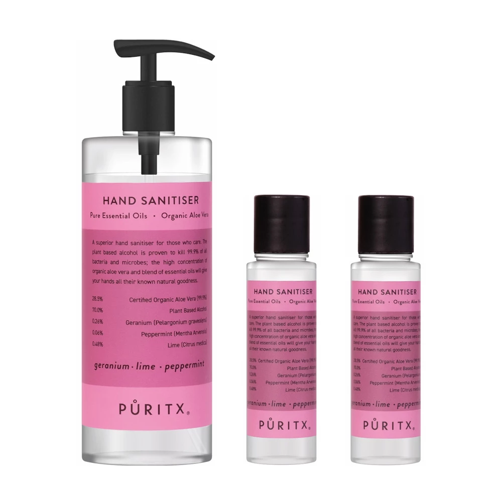 Puritx Organic Hand Sanitiser Set of 1 x 250ml Pump plus 2 x 60ml Travel Size with Geranium, Lime & Peppermint Essential Oils Shipping to UK&EU only 4 Puritx Organic Hand Sanitiser Set of 1 x 250ml Pump plus 2 x 60ml Travel Size with Geranium, Lime & Peppermint Essential Oils Shipping to UK&EU only