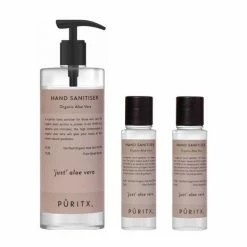 Puritx Organic Hand Sanitiser Set of 1 x 250ml Pump plus 2 x 60ml Travel Size with Just Natural Aloe Vera Essential Oil Shipping to UK&EU only