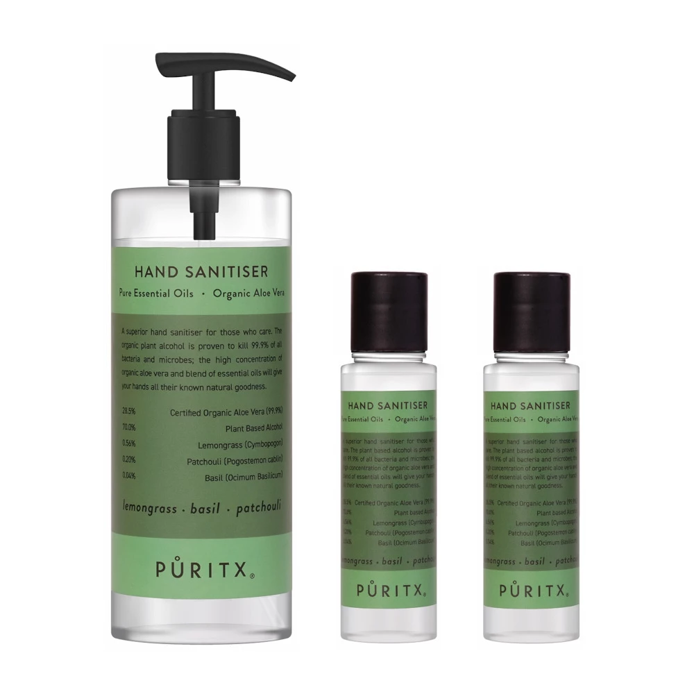 Puritx Organic Hand Sanitiser Set of 1 x 250ml Pump plus 2 x 60ml Travel Size with Lemongrass, Basil & Patchouli Essential Oils Shipping to UK&EU only 4 Puritx Organic Hand Sanitiser Set of 1 x 250ml Pump plus 2 x 60ml Travel Size with Lemongrass, Basil & Patchouli Essential Oils Shipping to UK&EU only