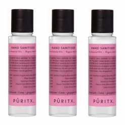 Puritx Set Of 3 Organic Geranium Lime Peppermint Essential Oils Aloe Vera Vegan Hand Sanitiser 60 Ml Travel Size